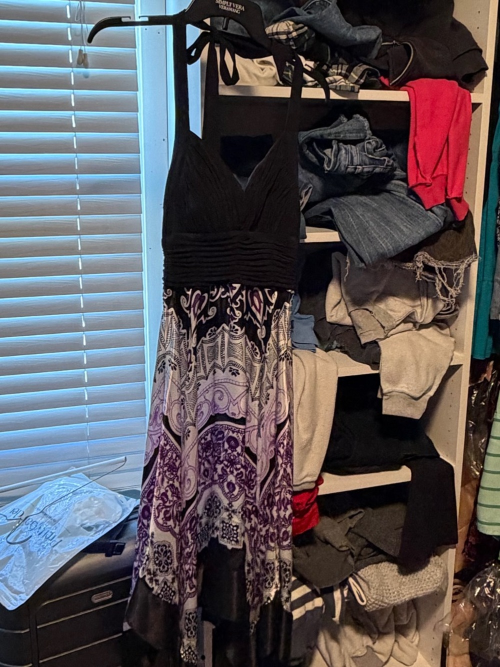 Black and Purple Printed V-Neck Women’s Dress